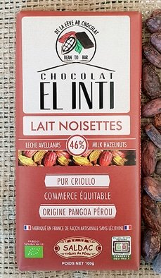 Chocolat au lait (46% cacao) et aux noisettes 15%, sans lécithine, bio (Tablette 100g)