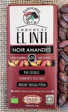 Chocolat noir 63% aux amandes 15%, sans lécithine, bio (Tablette 100g)