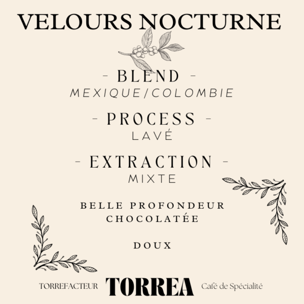 Blend Velours Nocturne - Café premium 70% Mexique El Triunfo 30% Colombie Cauca aux notes chocolatées et crémeuses pour soirées