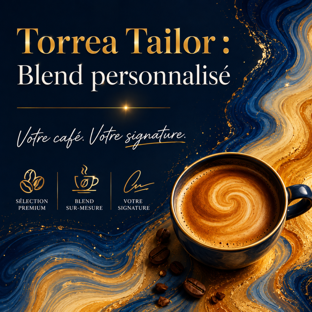 Visuel premium de Torrea Tailor : tasse d'espresso avec ondes de matière liquide bleu et or, texte "Blend personnalisé" et slogan "Votre café. Votre signature."